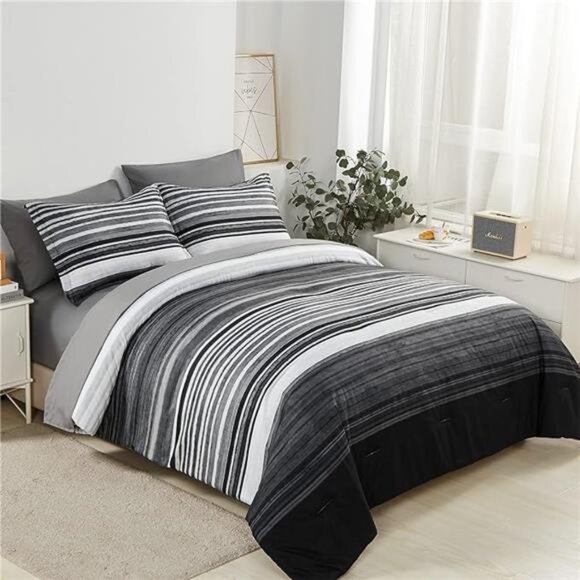 7 Piece Bed in a Bag Stripe Comforter Set Queen Size, White Grey Black Patchwork - Picture 7 of 7